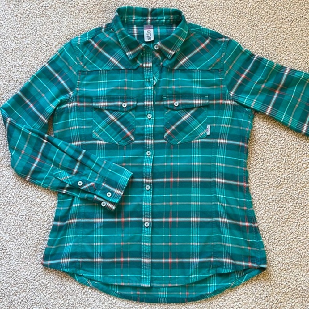 STIO Midweight Turquoise Plaid Flannel Shirt Size Large